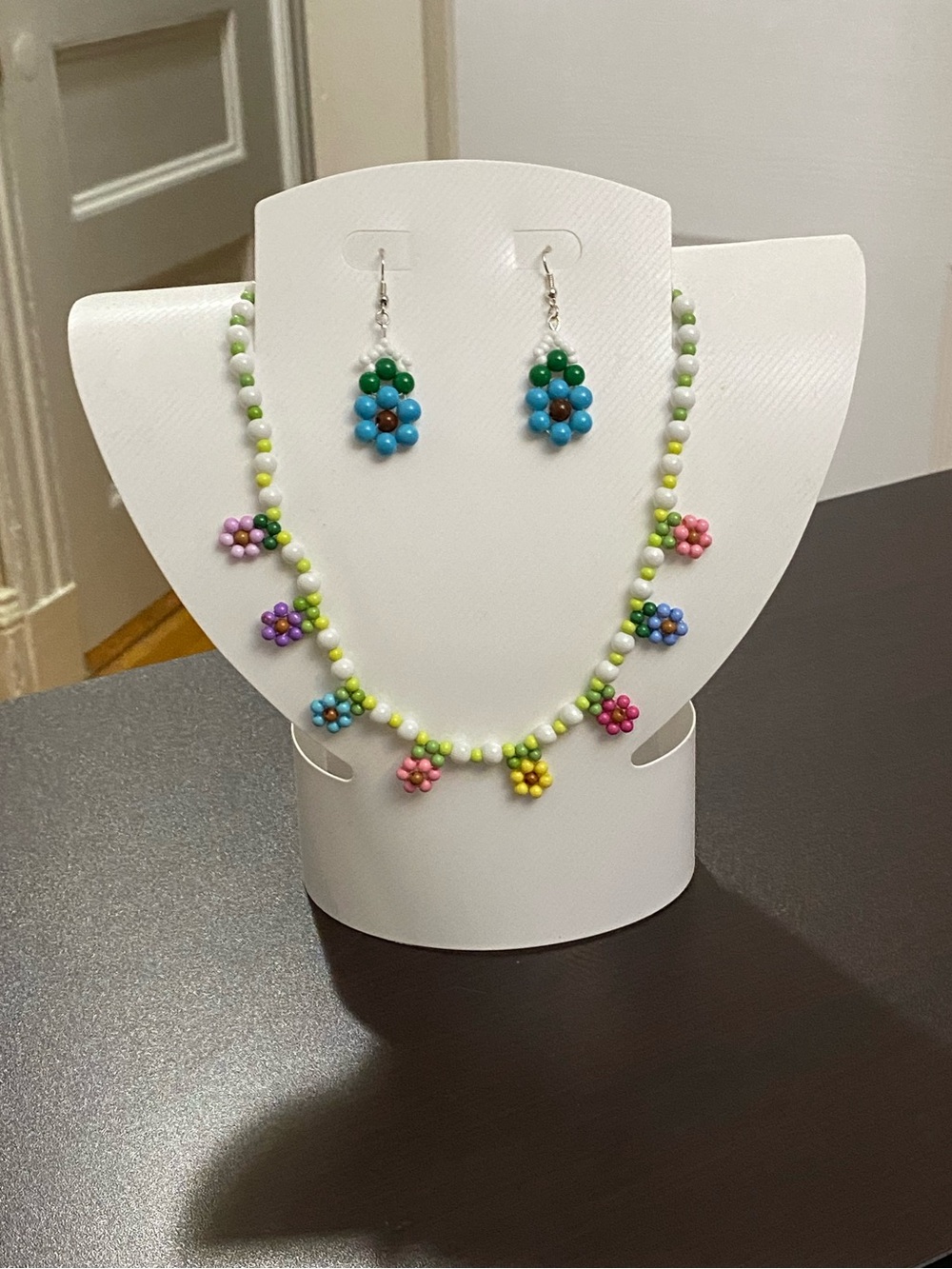 Beaded Flower Pendant Necklace - White and Multicolor